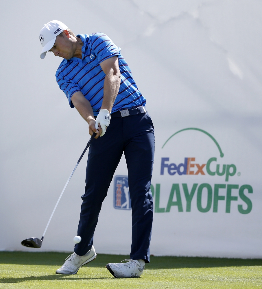 Jordan Spieth hits his tee shot on the first hole during the third round of the BMW Championship last Saturday in Lake Forest, Ill.