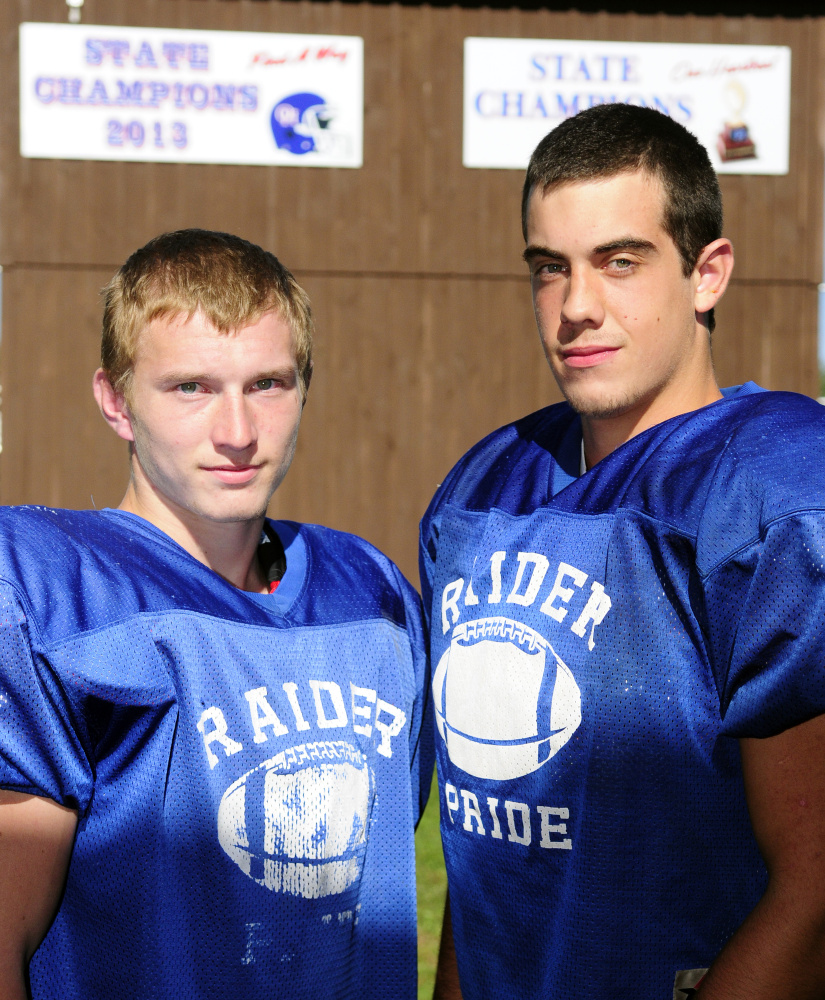 Oak Hill football players Brendan Tervo, left, and Austin Gaucher on Wednesday in Wales.
