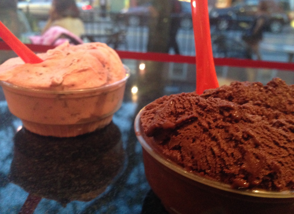 A dish of dairy-free dark chocolate noir sorbetto and one of pomegranate dark chocolate chunk sorbetto at Gelato Fiasco’s Portland location.
Avery Yale Kamila photo