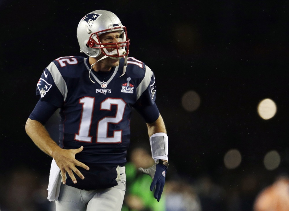 New England Patriots quarterback Tom Brady takes the field for warms up before an NFL football game against the Pittsburgh Steelers on Thursday.