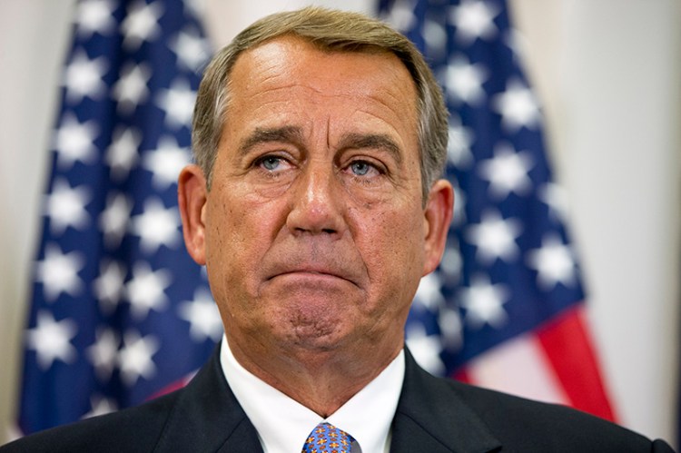 Speaker of the House John Boehner of Ohio, pauses while speaking about his opposition to the Iran deal during a news conference with members of the House Republican leadership on Capitol Hill in Washington, Wednesday Sept. 9, 2015. (AP Photo/Jacquelyn Martin)