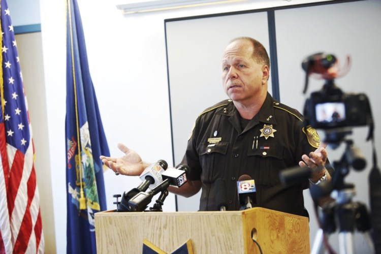 Sheriff Kevin Joyce addresses the media regarding women lawyers being asked to remove their underwire bras when entering the Cumberland County Jail in Portland. Derek Davis/Staff Photographer