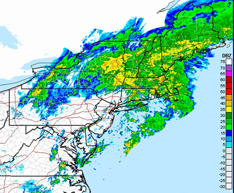 This screen grab of a National Weather Service radar map shows the weather system in Maine at 8:30 a.m. Wednesday. Green corresponds to lighter precipitation, yellow to moderate, orange to heavier and red to heaviest.