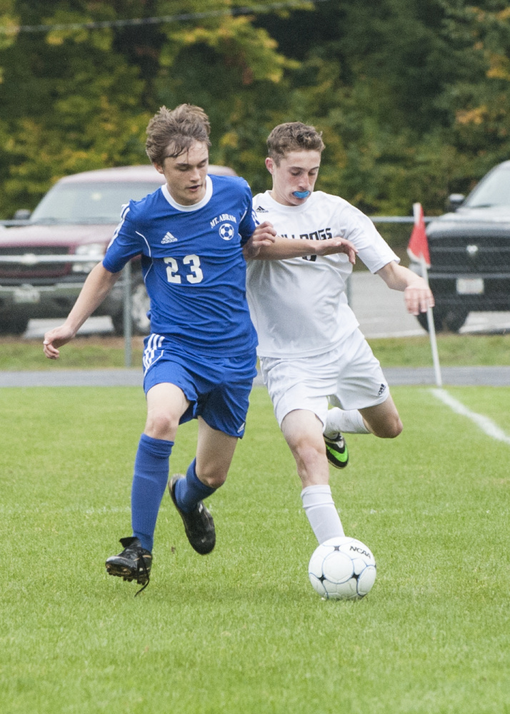 Contributed photo/Marty Thornton
Hall-Dale’s Alex Roberts-Poulin, right, battles Mt. Abram’s Dan Luce for possession during a Mountain Valley Conference game Tuesday in Farmingdale.