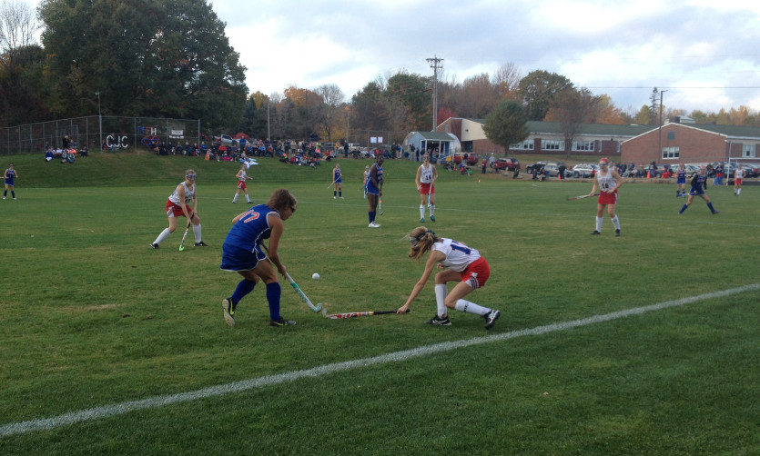 Staff photo by Evan Crawley 
Messalonskee's Megan Quirion, right, and Mt. Ararat's Laura Secone compete for possession during a Northern A quarterfinal game Tuesday in Oakland. Messalonskee won 7-0.