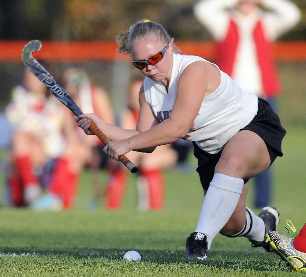 Gardiner Area High School’s Nickyia Lovely scores a goal against Camden Hills Regional High School during a Class B North quarterfinal game Tuesday in Gardiner.