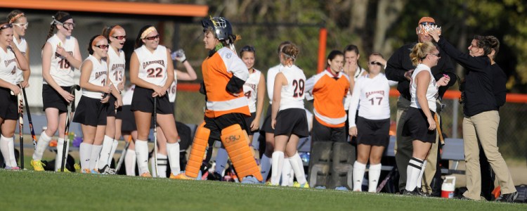 Gardiner Area High School’s Nickyia Lovely is crowned by alumni Hailey Chadbourne after Lovely scored a goal to become the school’s all-time scoring leader during a game against Camden Hills in Class B North quarterfinal action Tuesday in Gardiner.