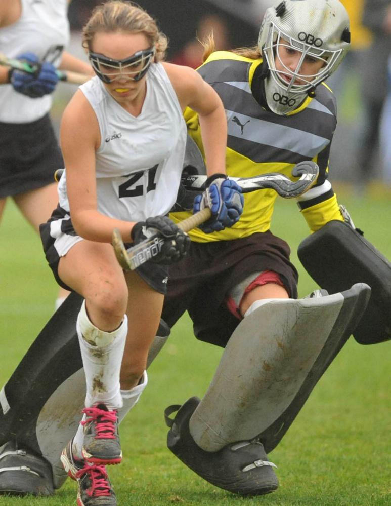 Skowhegan goalie Leah Kruse protects the goal during a game earlier this month in Skowhegan. Kruse and the Indians will face Thornton Academy in the Class A state championship game at noon today at the University of Maine.