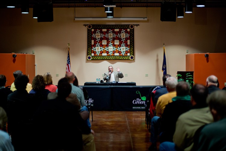 Gov. Paul LePage answers a question during a town hall forum Tuesday night at the Regional Technical Center at Lewiston High School. The governor addressed issues including education, the minimum wage and gun control.
Gabe Souza/Staff Photographer