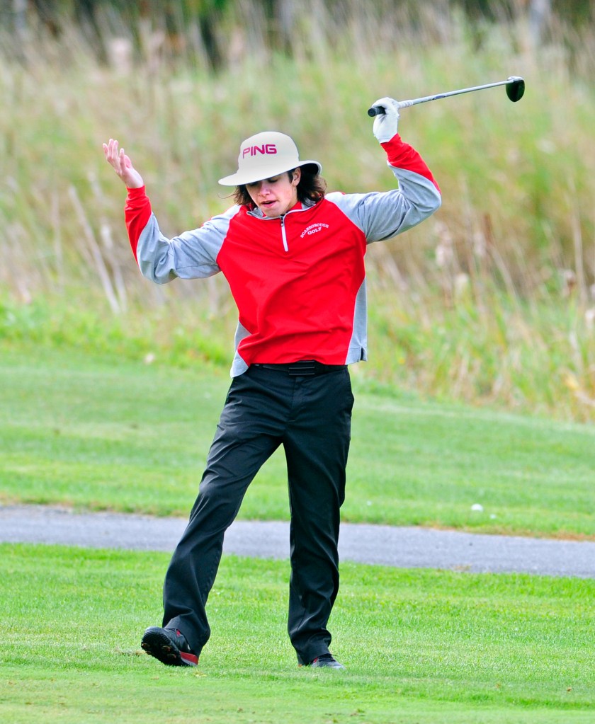 :Scarborough’s Drew Kane didn’t seem too pleased with his drive on this hole, but he shot one of the day’s best rounds – a 78 – as the Red Storm finished third in Class A. Joe Phelan/Kennebec Journal