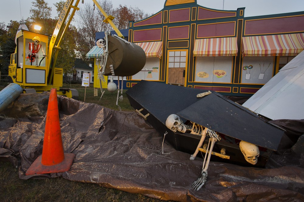 A Halloween display depicts dead construction workers along Route 1 in Ogunquit, near where road construction has been slowing traffic since this spring.
Carl D. Walsh/Staff Photographer