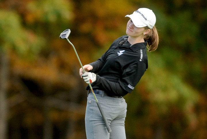 Lincoln Academy’s Bailey Plourde uses some body english as she putts on hole 3 in the 2015 High School Individual championships at Natanis Golf Course in Vassalboro on Saturday.