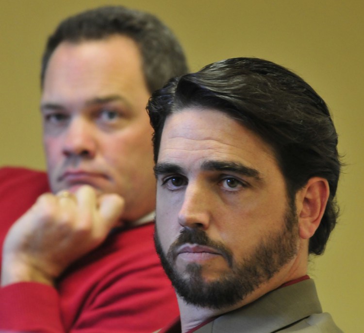 Waterville Senior High School Principal Don Reiter, right, and his attorney Gregg Frame speak with the Morning Sentinel about his upcoming public hearing with the Board of Education over whether he should be dismissed from his job.