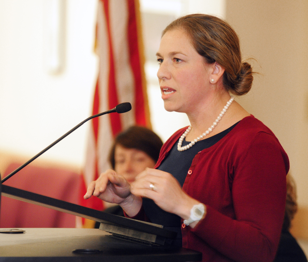 Adria Horn, director of the Maine Bureau of Veterans Service, speaks during a veterans event Tuesday in the Randall Center at the University of Maine at Augusta.