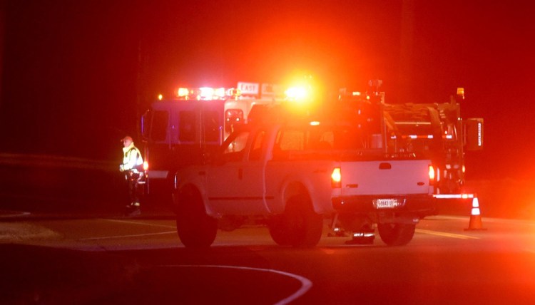 Authorities closed about a mile of U.S. Route 2 in Farmington between High Street, seen here, and Farmington Falls Road after a truck rolled over near Sandy River Farms Tuesday evening.