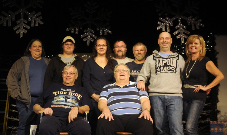 Bob Peabody, seated at left, and his partner, Andy Cox, seated at right, with the cast and crew of Peacox Productions in Hallowell on Sunday. The men started the performance group 25 years ago. The troupe is slated to go on stage the next two weekends.