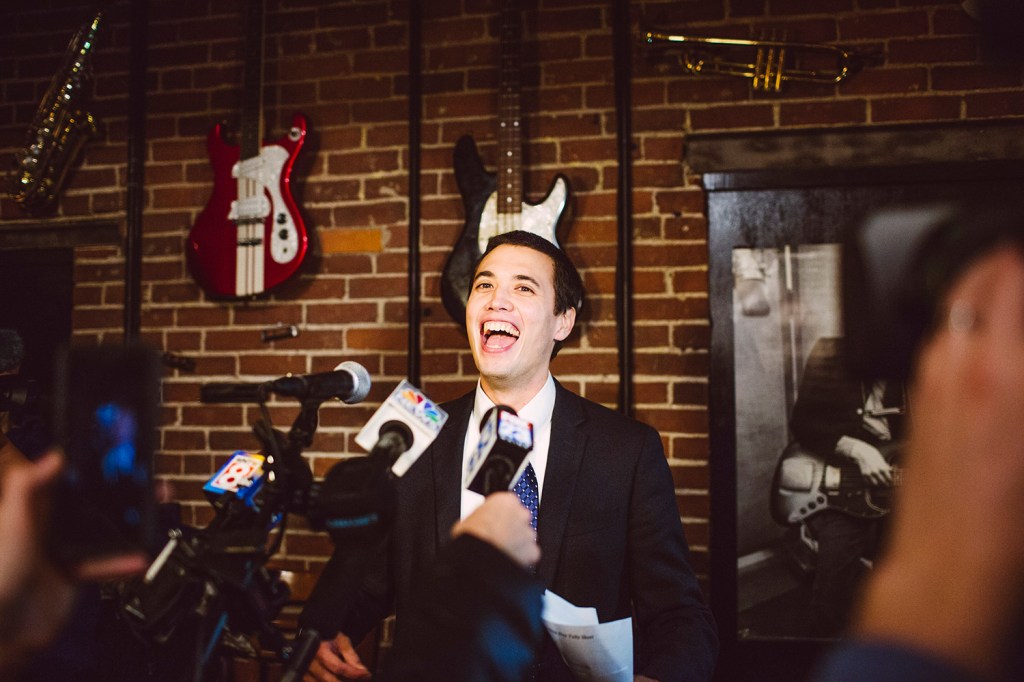 Ben Chin happily addresses supporters and the media after the announcement that there will be a runoff election next month to choose Lewiston's mayor.