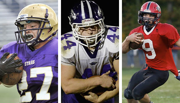 Joe Fitzpatrick of Cheverus, left, Brett Gerry of Marshwood, center, and Chris Carney of Wells are the finalists for the James J. Fitzpatrick Trophy, awarded annually to Maine’s top high school senior football player. 