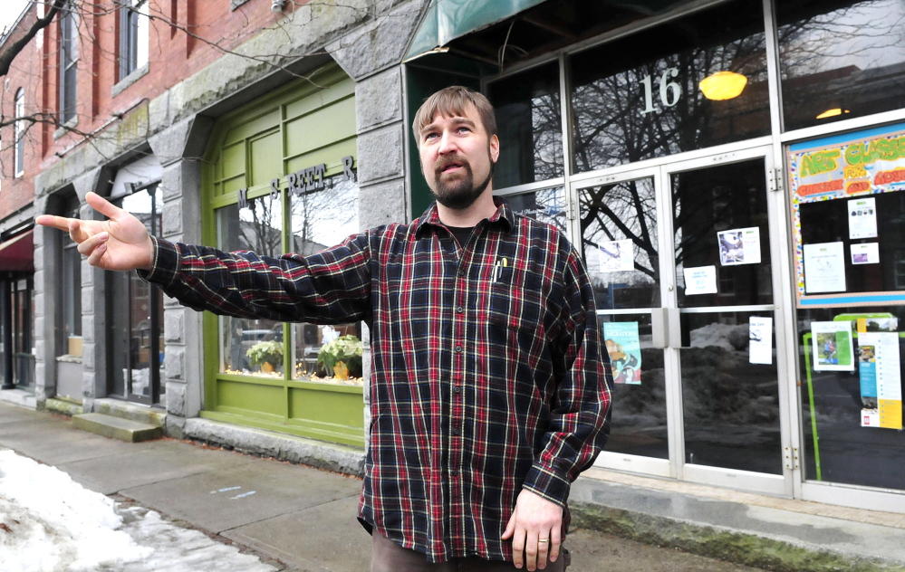 Nate Rudy, director of Waterville Creates! speaks in front of the Common Street Arts gallery near in downtown Waterville last year about the continuing potential for artistic enterprises. The organization received a $1.5 million grant from the Harold Alfond Foundation, it was announced Friday.