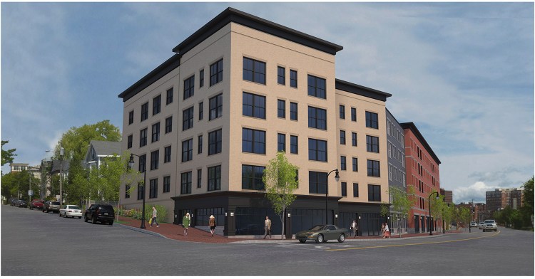 This view from York and High streets shows the proposed mixed-use development that includes 63 market-rate apartments.