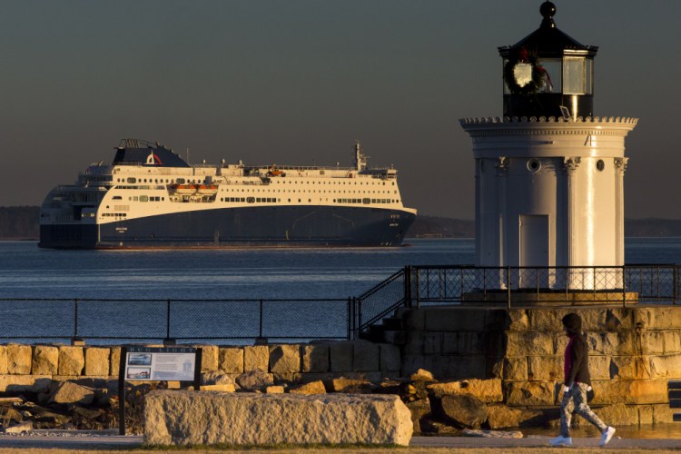 The financially embattled Nova Star drops anchor in the bay after departing Portland’s Ocean Terminal at sunrise on Saturday.