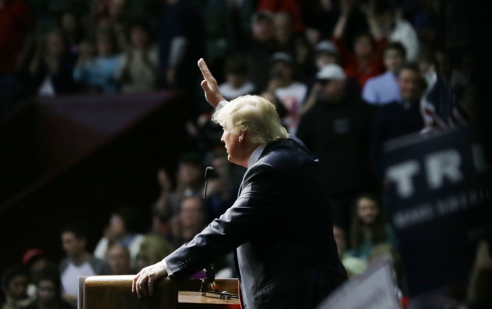 Donald Trump, addressing supporters at a campaign rally Monday in Grand Rapids, Mich., used crude language to attack Democratic front-runner Hillary Clinton, saying “she got schlonged” in the 2008 Democratic primary race.