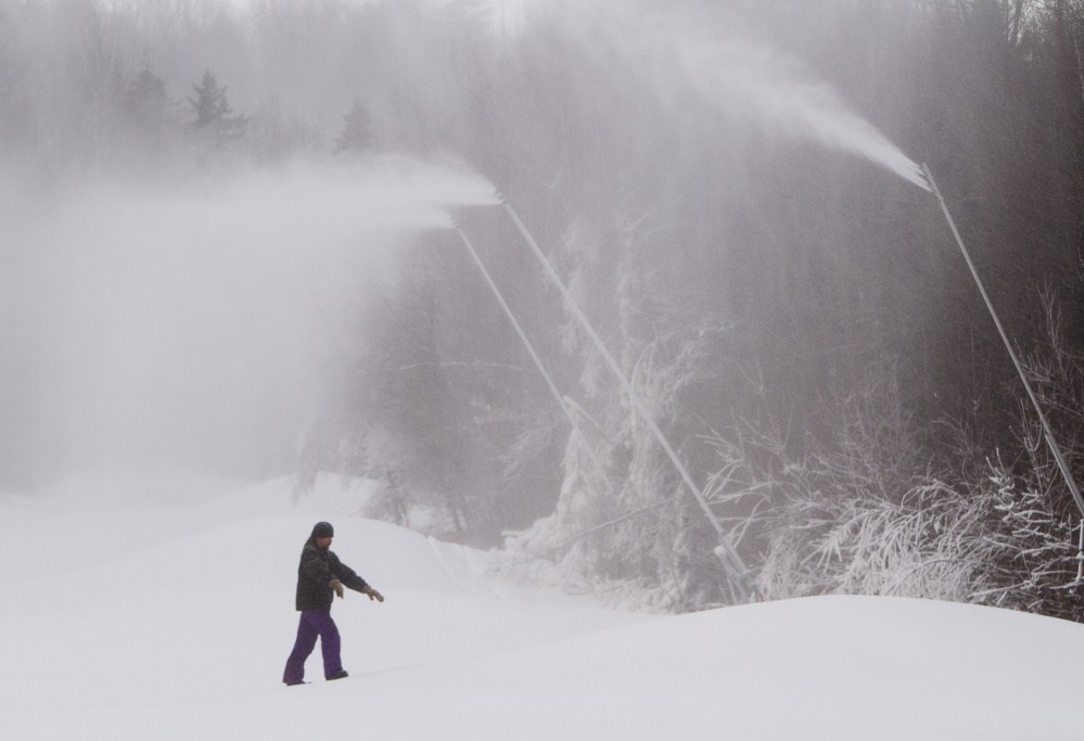 Mount Abram general manager Dave Scanlan monitors new snowmaking guns. “Now we cover a trail so much faster than we used to. We can lay down a thick base (of snow) quickly that’s enough to carry us through the warm, rainy weather,” he said.