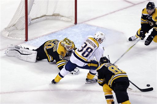 Nashville Predators right wing Viktor Arvidsson (38) eludes Boston Bruins goalie Jonas Gustavsson (50) as he sets up his goal during the third period. The Predators defeated the Bruins 3-2. At bottom right is Bruins defenseman Kevan Miller and at top right is Bruins defenseman Joe Morrow. (AP Photo/Charles Krupa)
