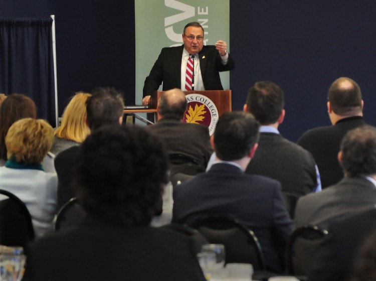 Gov. Paul LePage speaks about his ideas to help the state be more prosperous during a Mid-Maine Chamber of Commerce business breakfast series at Thomas College in Waterville on Thursday morning.