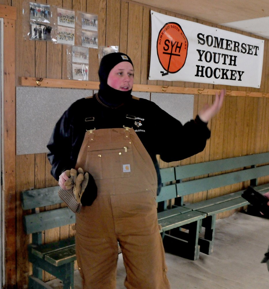Stephen McDaniel speaks inside the warming hut used by skaters at the public skating rink at the Skowhegan Fairgrounds on Wednesday. The rink opens Thursday.