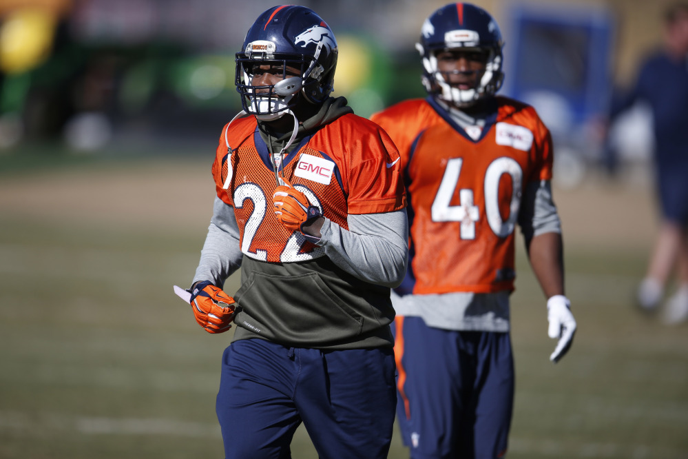 AP photo 
 Denver Broncos running back C.J. Anderson, front, takes part in a drill with runningback Juwan Thompson during practice at the team's headquarters Thursday in Englewood, Colorado.