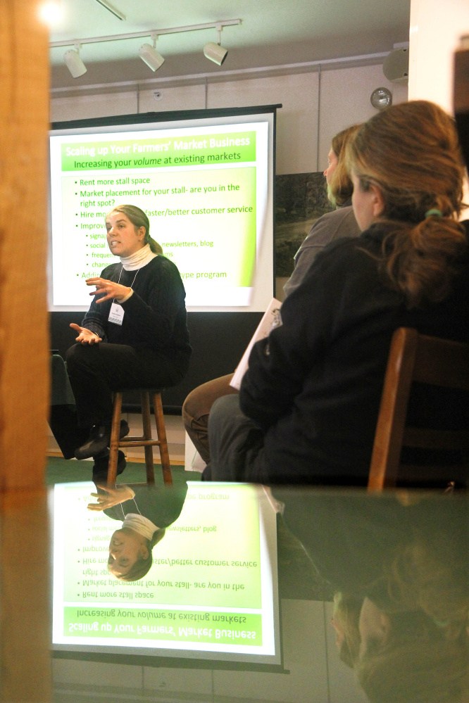 Heather Donahue, of Balfour Farm in Pittsfield, speaks during a session titled “Scaling Up Your Farmers’ Market Business” at the the Maine Farmers’ Market Convention at Maple Hill Farm Inn and Conference Center in Hallowell on Sunday.