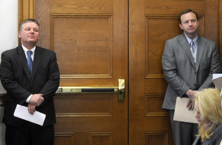 Senate President Mike Thibodeau, R-Winterport, left, and Speaker of the House Mark Eves, D-North Berwick, listen Tuesday to testimony before legislative committees assembled in Augusta to consider a bill they co-sponsored to combat illegal drug sales and drug addiction in Maine.