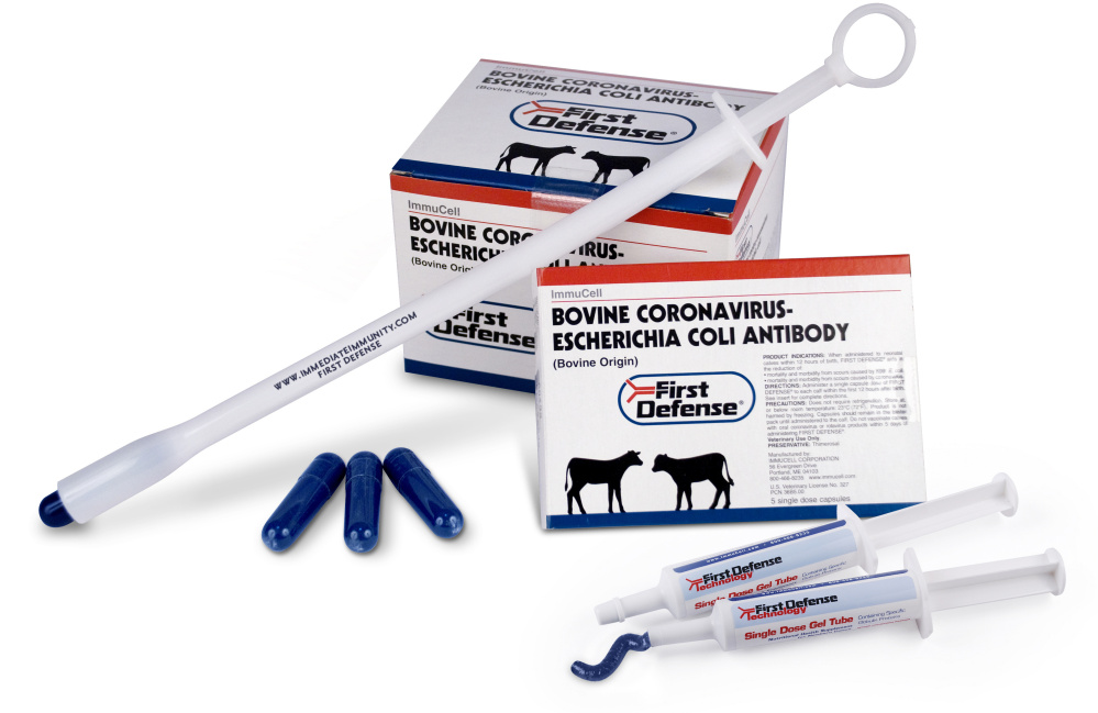 Portland-based ImmuCell Corp. produces First Defense, a concentrated form of antibody-rich colostrum that can be fed to newborn calves to help prevent scours. It is available in both capsule and gel forms.