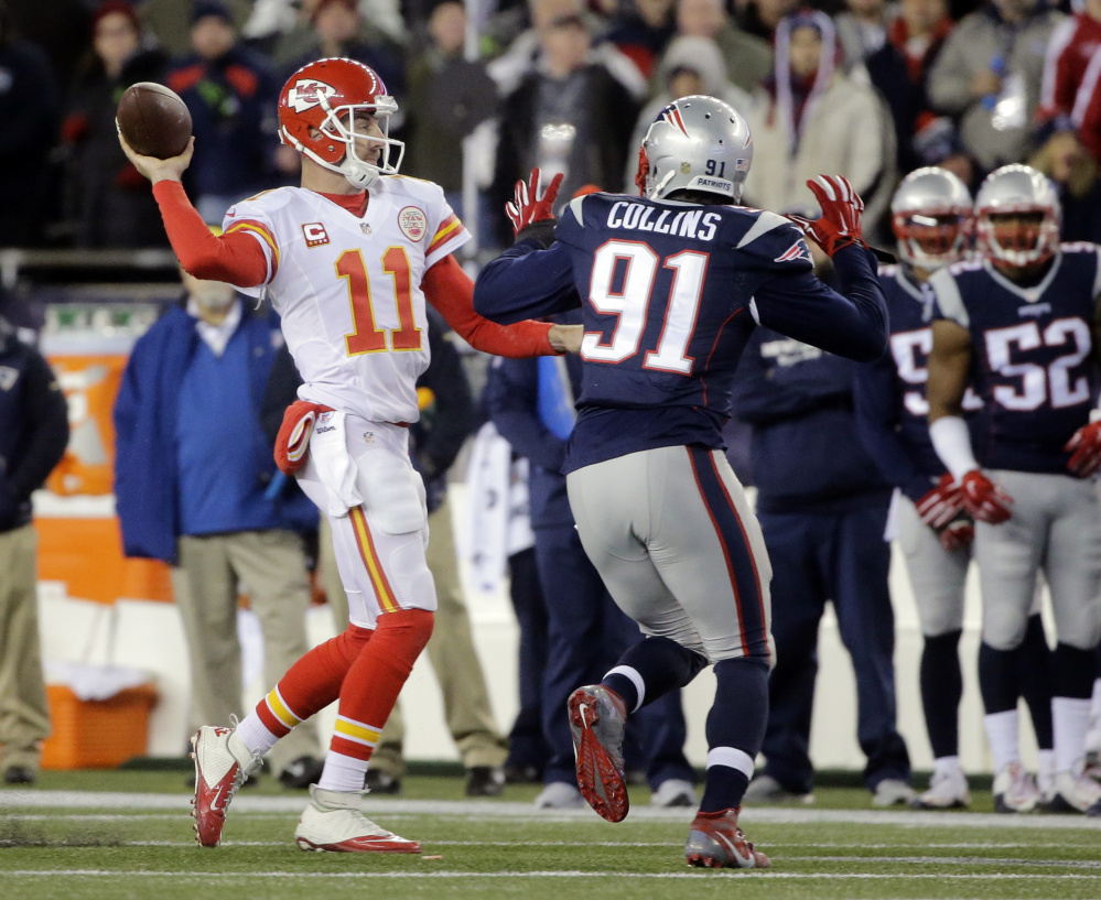 Linebacker Jamie Collins left New England’s win over Kansas City in the third quarter and his status for the AFC championship game is in question.
