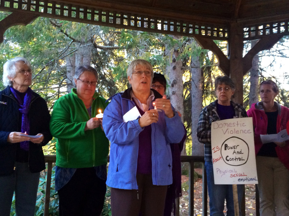 Nan Bell, a community educator at the Family Violence Project, speaks to attendees at a domestic violence awareness vigil in Skowhegan in this October file photo. She and others are planning an anti-bullying event on Sunday in Augusta.