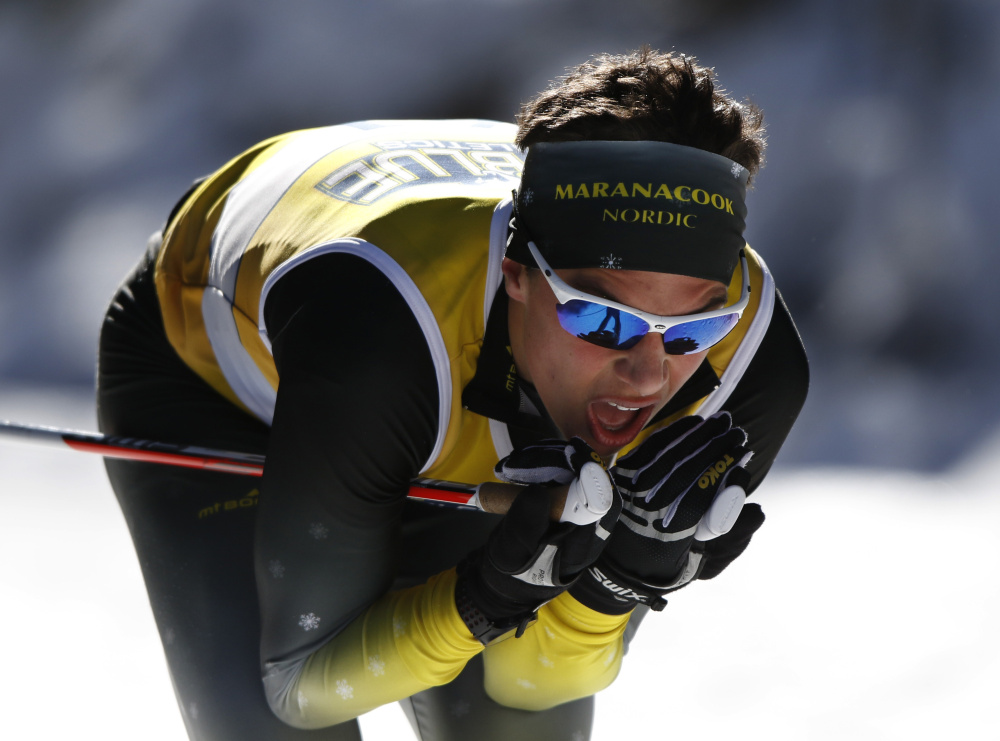 Maranacook senior Luca DeAngelis competes in the 5-kilometer Class B freestyle race Friday at Titcomb Mountain in Farmington. DeAngelis won the race in 11:49.