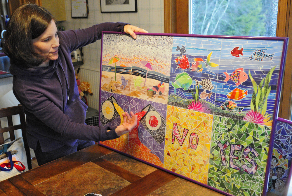 Sandra Palmer Fish talks about her latest book, “Peace By Piece,” on Saturday during an interview in her West Gardiner home.