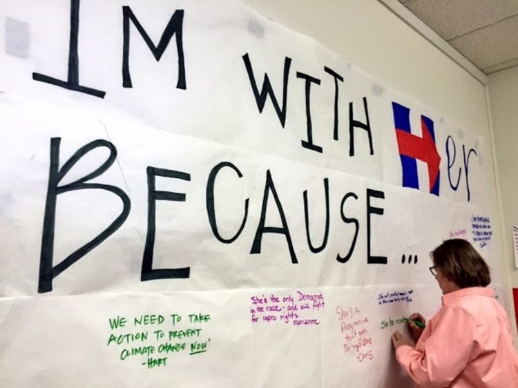 Hillary Clinton supporters gathered in Augusta Sunday to celebrate the opening of a new campaign office.