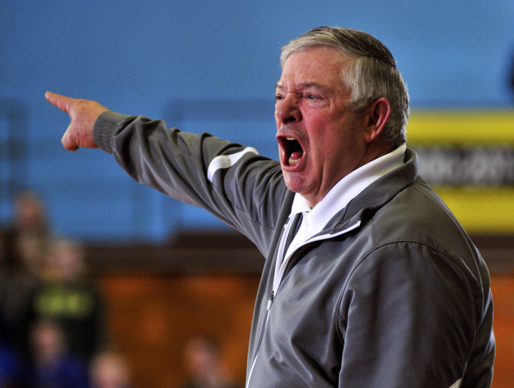 Lawrence head coach John Donato yells to his players during the Class A North championship game last Friday in the Augusta Civic Center.