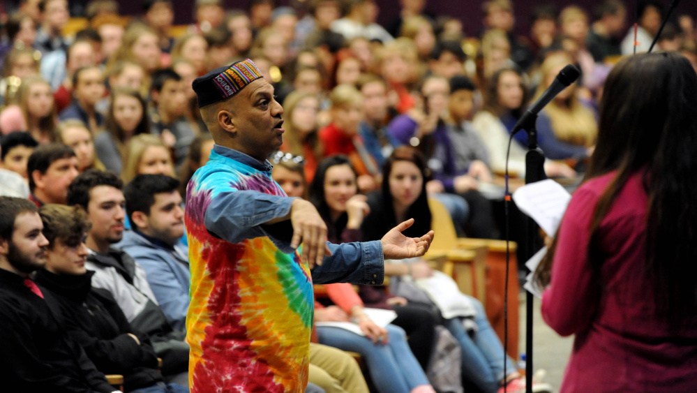 Srinivas Krishnan, master percussionist who created and produces Global Rhythms World Music, begins a concert  at Waterville Senior High School on Friday.