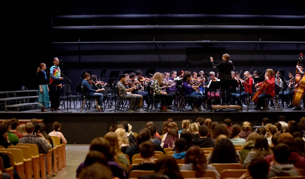 Srinivas Krishnan, master percussionist, performs with students at Waterville Senior High School on Friday.