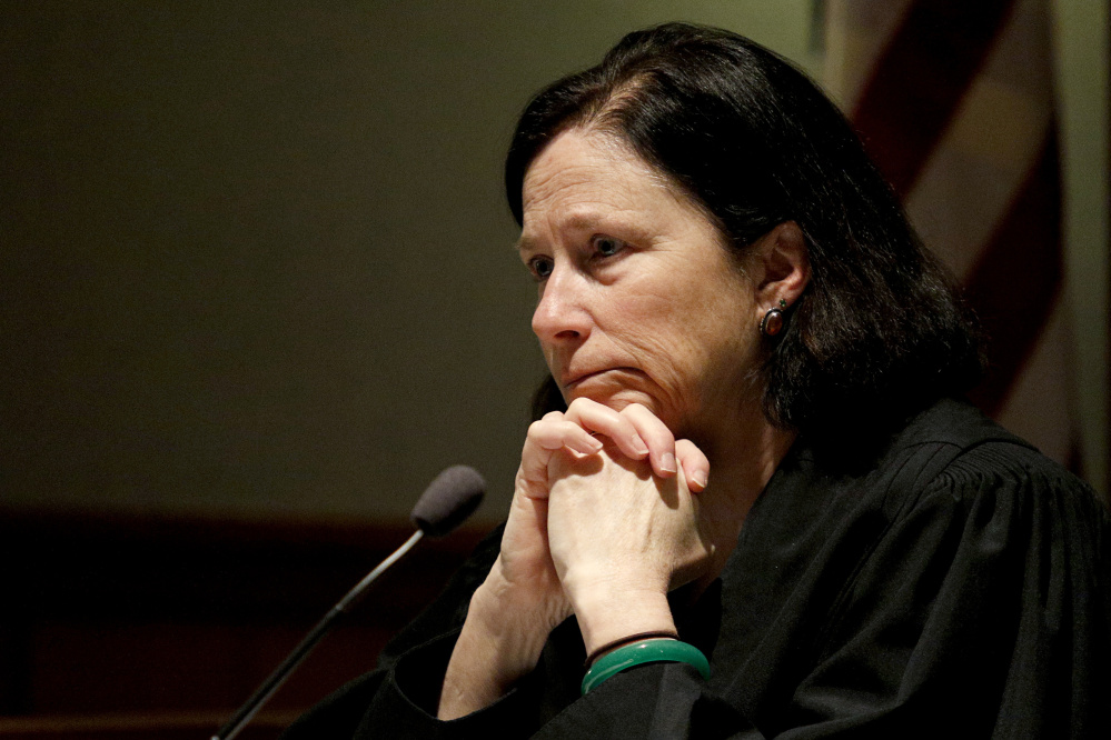 Justice Michaela Murphy listens to arguments from attorneys during a bail hearing for Noah Gaston of Windham at the Cumberland County Courthouse on Tuesday.