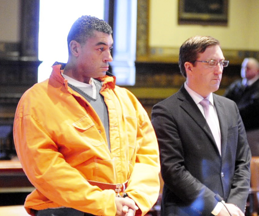 Justin Pillsbury, left, and attorney James T. Lawley, are shown in this 2014 file photo from Kennebec County Superior Court during a hearing where he pleaded not guilty to the charge of murdering his girlfriend and roommate Jillian Jones in their Augusta apartment.