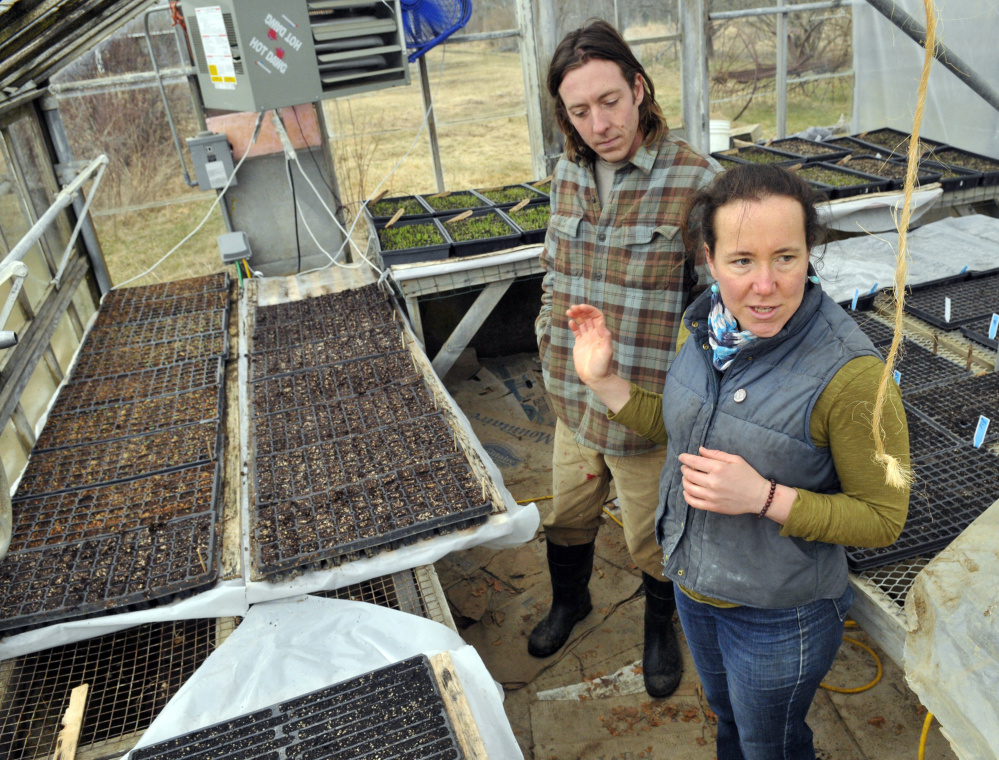 Jon Strieff, of Good Morning Farm, left, and Dalziel Lewis, of Dig Deep Farm, answer questions during an interview on Friday in South China.