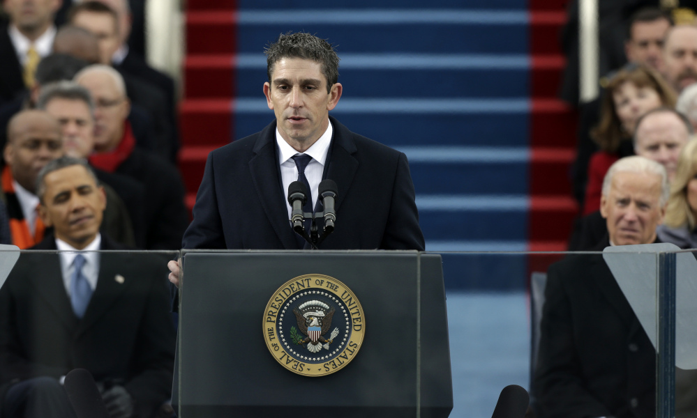 In this Jan. 21, 2013 file photo, poet Richard Blanco speaks at the U.S. Capitol in Washington during the inauguration for President Barack Obama, left, and Vice President Joe Biden, right. Blanco, of Bethel, Maine, is set to deliver a keynote address next month at the University of Maine at Augusta’s 14th annual Terry Plunkett Maine Poetry Festival.