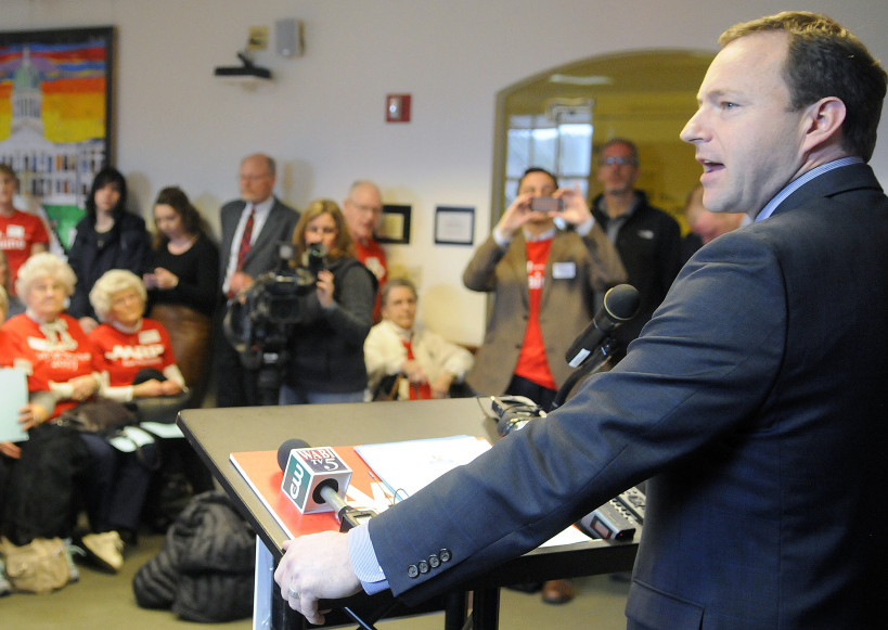 Speaker of the House Mark Eves, D-North Berwick, discusses the governor’s threat to withhold bond money for senior housing Monday at a press conference at the State House in Augusta.