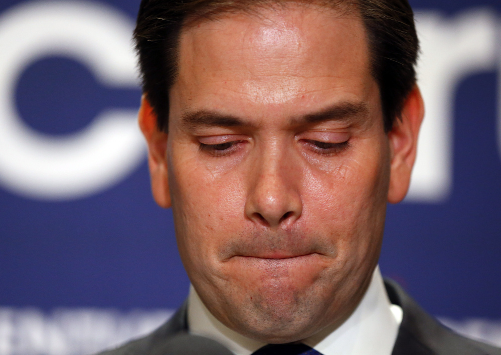 Republican presidential candidate Sen. Marco Rubio, R-Fla., speaks during a Republican primary night rally at Florida International University in Miami, Fla., on Tuesday.