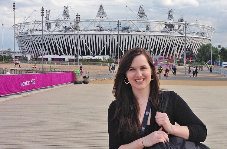 Alexa Ainsworth, who grew up in Cape Elizabeth, is an associate producer for NBC Sports and focused on gymnastics for the 2012 London Games, where she is pictured. Ainsworth will cover the World Figure Skating Championships in Boston with NBC. Photo courtesy of Alexa Ainsworth