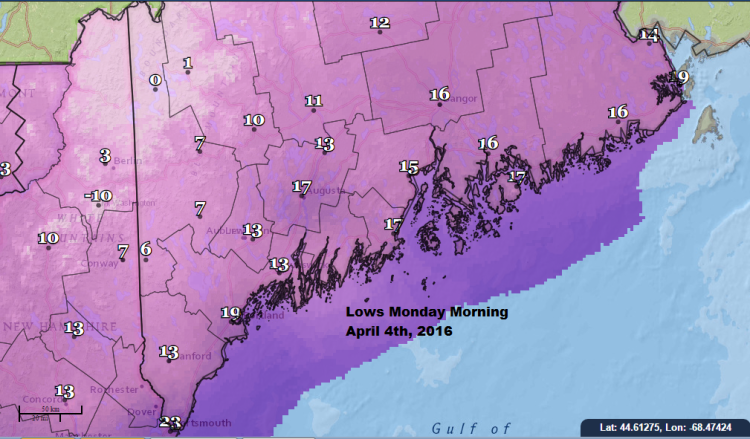 Predicted Lows Monday April 4th 2016 (David Epstein/Press Herald)